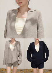 Casual Navy Deep-V Neck Knit Womens Two-Piece Set Fall