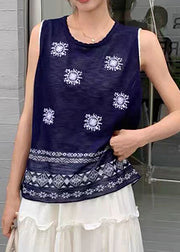 Casual Navy Embroideried Knit Vests Summer