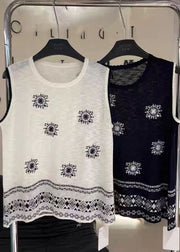 Casual Navy Embroideried Knit Vests Summer