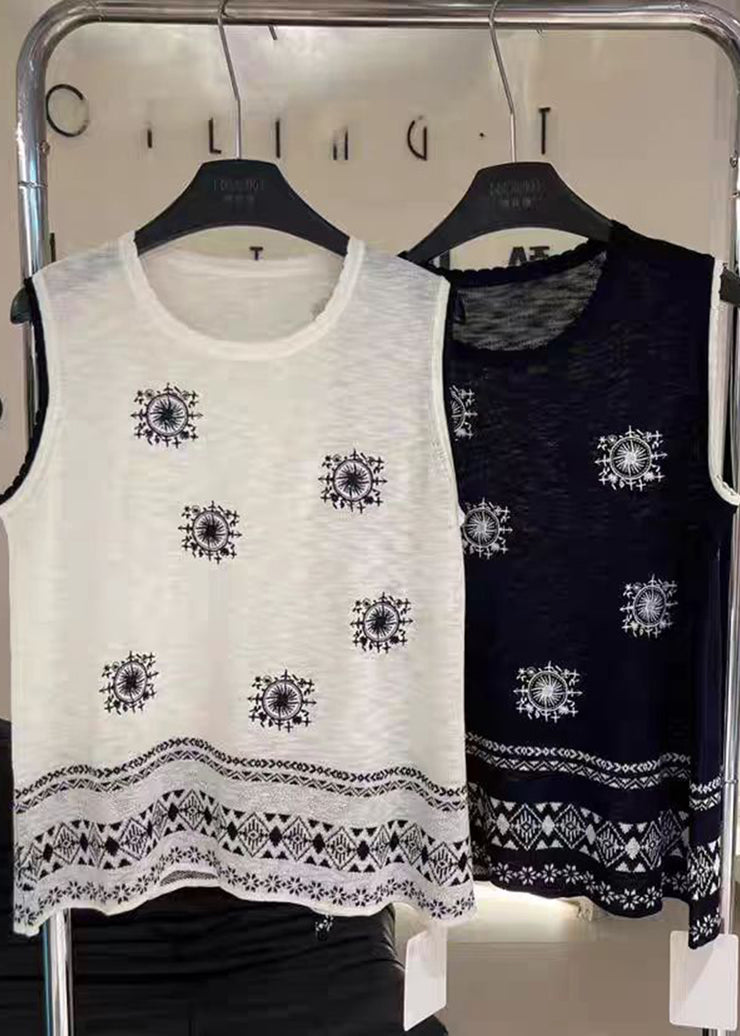 Casual Navy Embroideried Knit Vests Summer