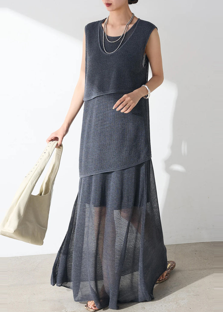 Casual Navy Hollow Out Sheer Tulle Women Sets 2 Pieces Sleeveless