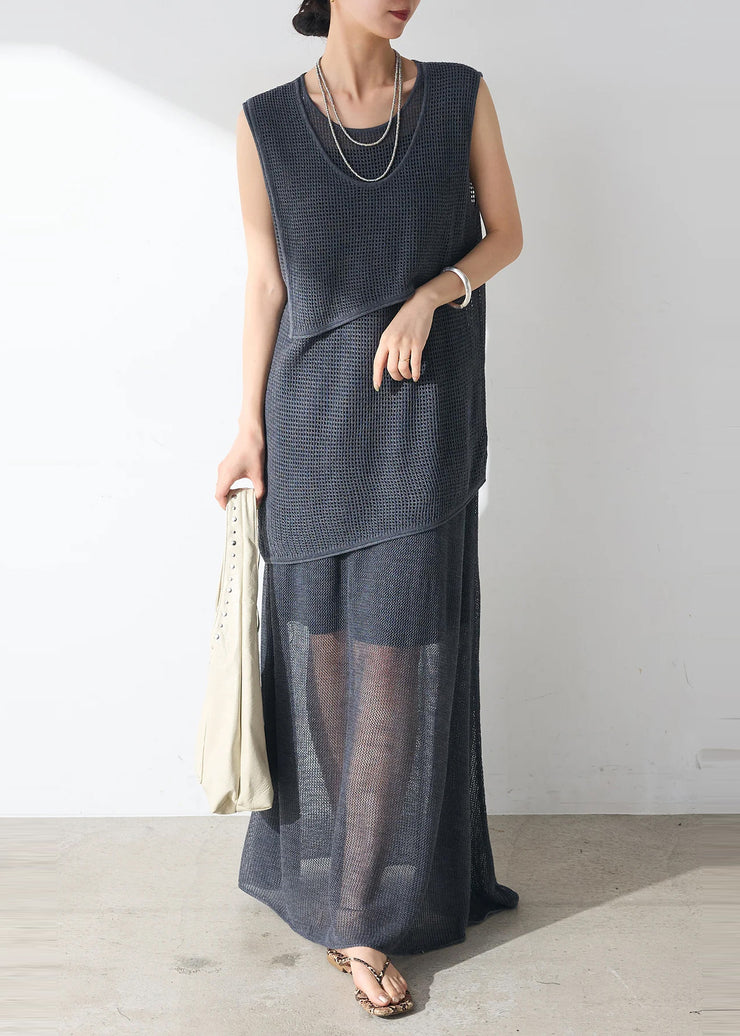 Casual Navy Hollow Out Sheer Tulle Women Sets 2 Pieces Sleeveless