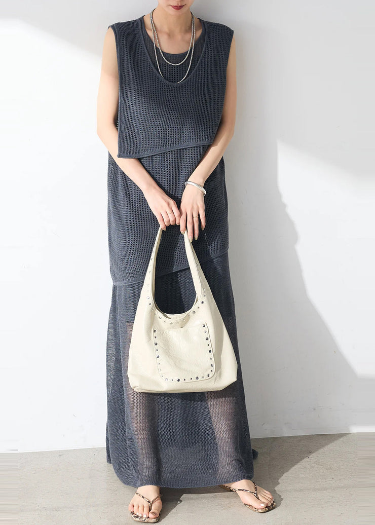 Casual Navy Hollow Out Sheer Tulle Women Sets 2 Pieces Sleeveless