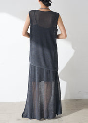Casual Navy Hollow Out Sheer Tulle Women Sets 2 Pieces Sleeveless