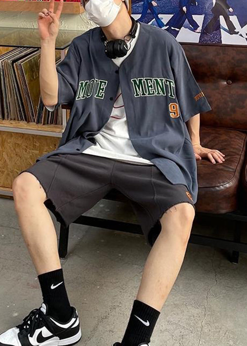 Casual Navy Letter Button Cotton Men&