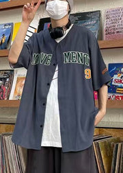Casual Navy Letter Button Cotton Men's Shirts Half Sleeve