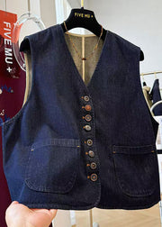 Casual Navy Oversized Pockets Denim Vests Fall
