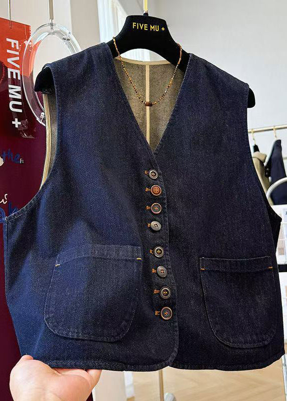 Casual Navy Oversized Pockets Denim Vests Fall