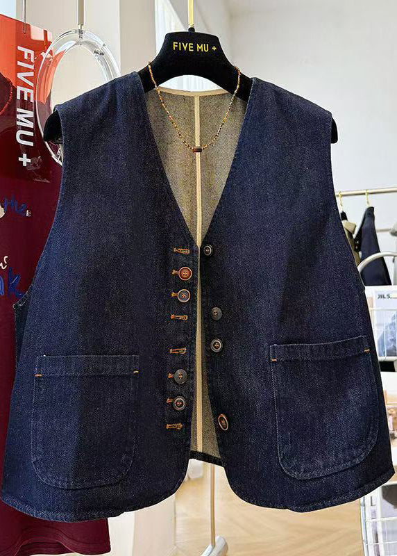 Casual Navy Oversized Pockets Denim Vests Fall