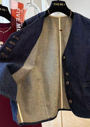 Casual Navy Oversized Pockets Denim Vests Fall