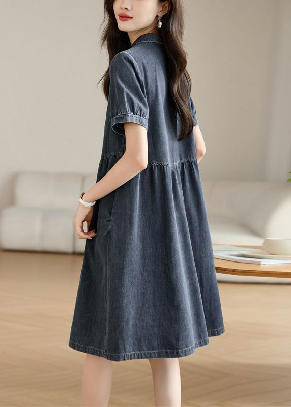 Casual Navy Peter Pan Collar Denim Work Dress Summer