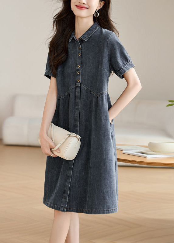 Casual Navy Peter Pan Collar Denim Work Dress Summer