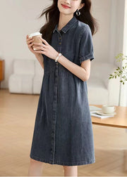 Casual Navy Peter Pan Collar Denim Work Dress Summer