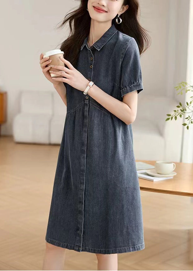 Casual Navy Peter Pan Collar Denim Work Dress Summer