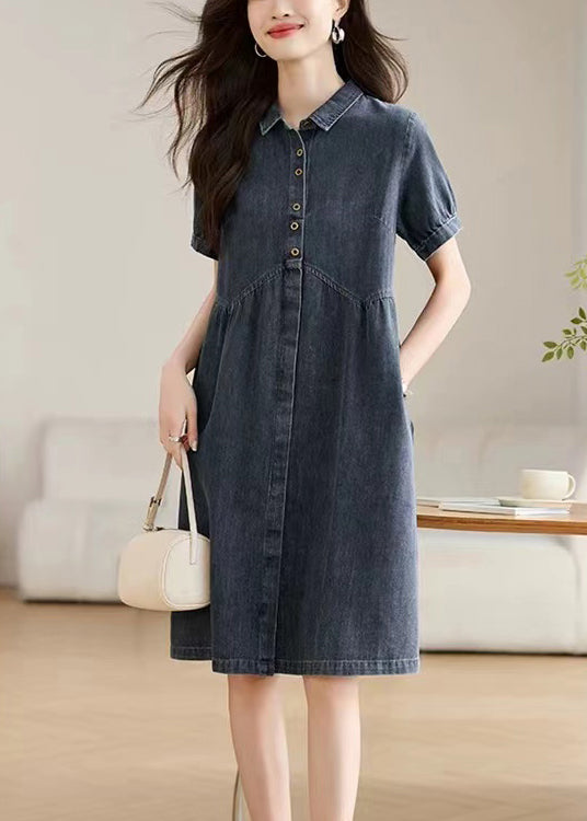 Casual Navy Peter Pan Collar Denim Work Dress Summer