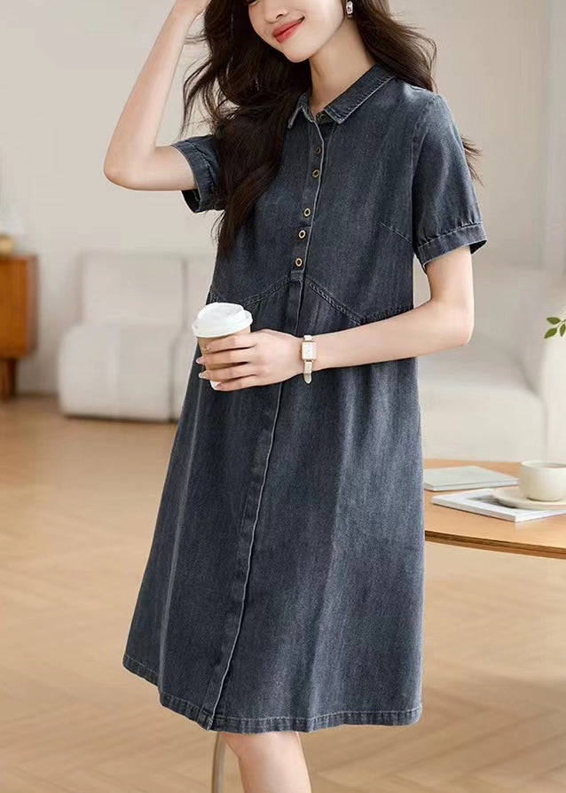 Casual Navy Peter Pan Collar Denim Work Dress Summer