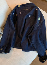 Casual Navy Peter Pan Collar Embroidered Denim Coat Fall
