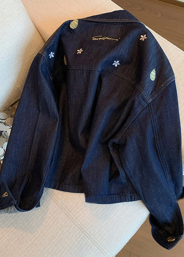 Casual Navy Peter Pan Collar Embroidered Denim Coat Fall