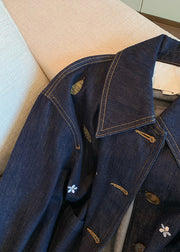 Casual Navy Peter Pan Collar Embroidered Denim Coat Fall