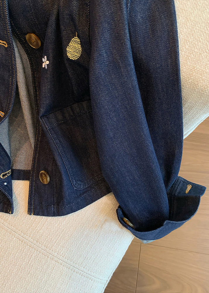 Casual Navy Peter Pan Collar Embroidered Denim Coat Fall