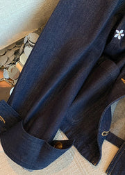 Casual Navy Peter Pan Collar Embroidered Denim Coat Fall