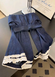 Casual Navy Pockets Lace Patchwork Denim Wide Leg Pants Fall