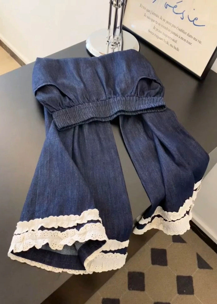 Casual Navy Pockets Lace Patchwork Denim Wide Leg Pants Fall