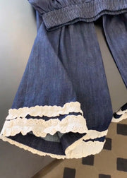 Casual Navy Pockets Lace Patchwork Denim Wide Leg Pants Fall