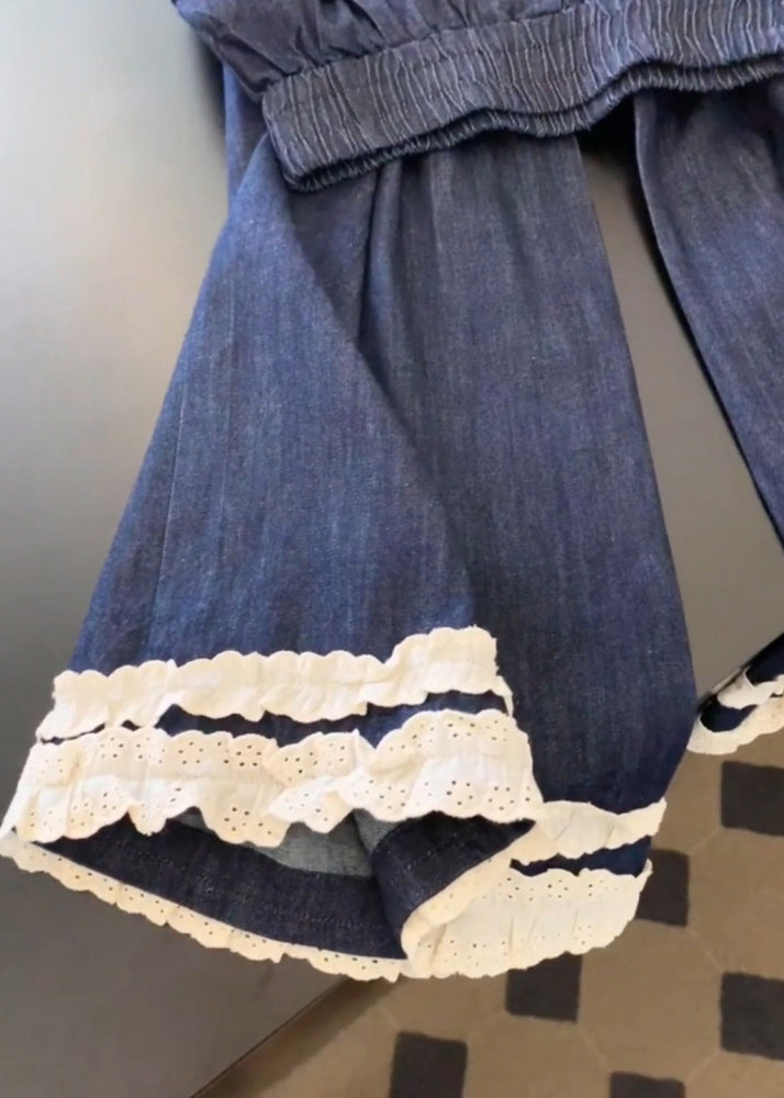 Casual Navy Pockets Lace Patchwork Denim Wide Leg Pants Fall