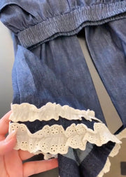 Casual Navy Pockets Lace Patchwork Denim Wide Leg Pants Fall