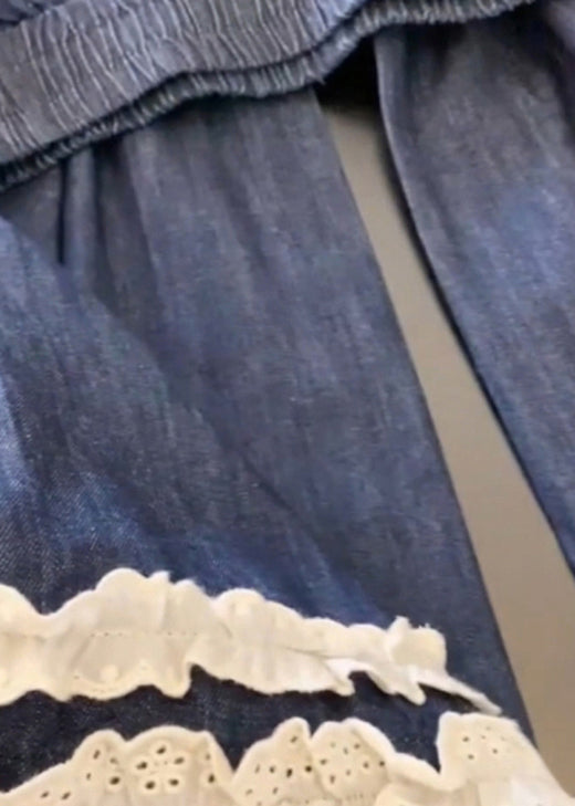 Casual Navy Pockets Lace Patchwork Denim Wide Leg Pants Fall