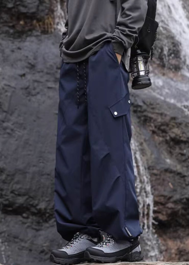 Casual Navy Pockets Lace Up Elastic Waist Cotton Mens Pants Spring