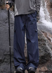 Casual Navy Pockets Lace Up Elastic Waist Cotton Mens Pants Spring
