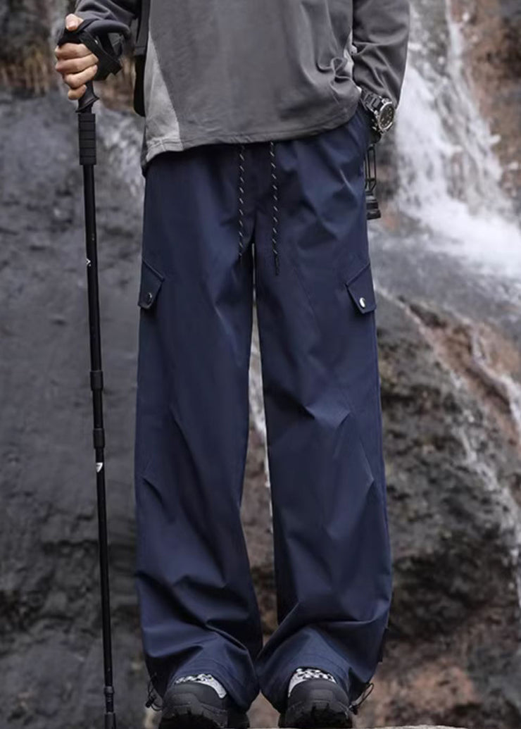 Casual Navy Pockets Lace Up Elastic Waist Cotton Mens Pants Spring