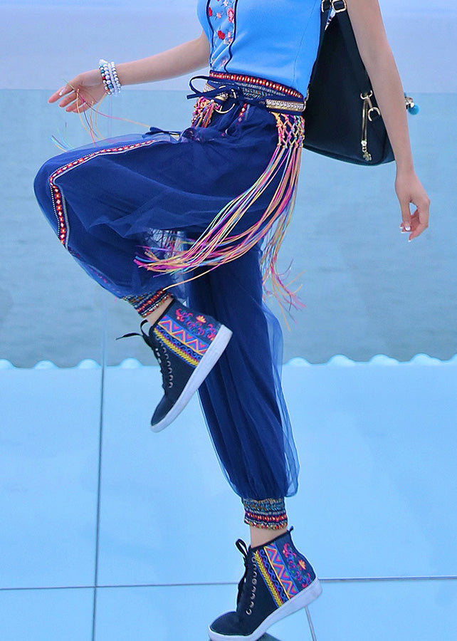 Casual Navy Print Embroideried Elastic Tulle Beam Pants Summer