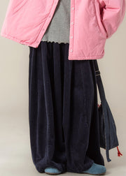 Casual Navy Solid High Waist Corduroy Wide Leg Pants