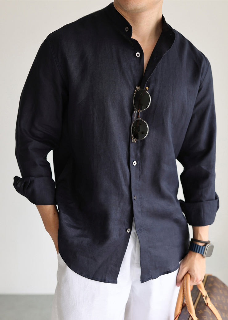 Casual Navy Stand Collar Solid Linen Men&
