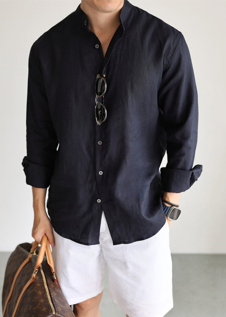 Casual Navy Stand Collar Solid Linen Men&