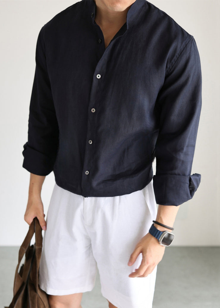 Casual Navy Stand Collar Solid Linen Men&