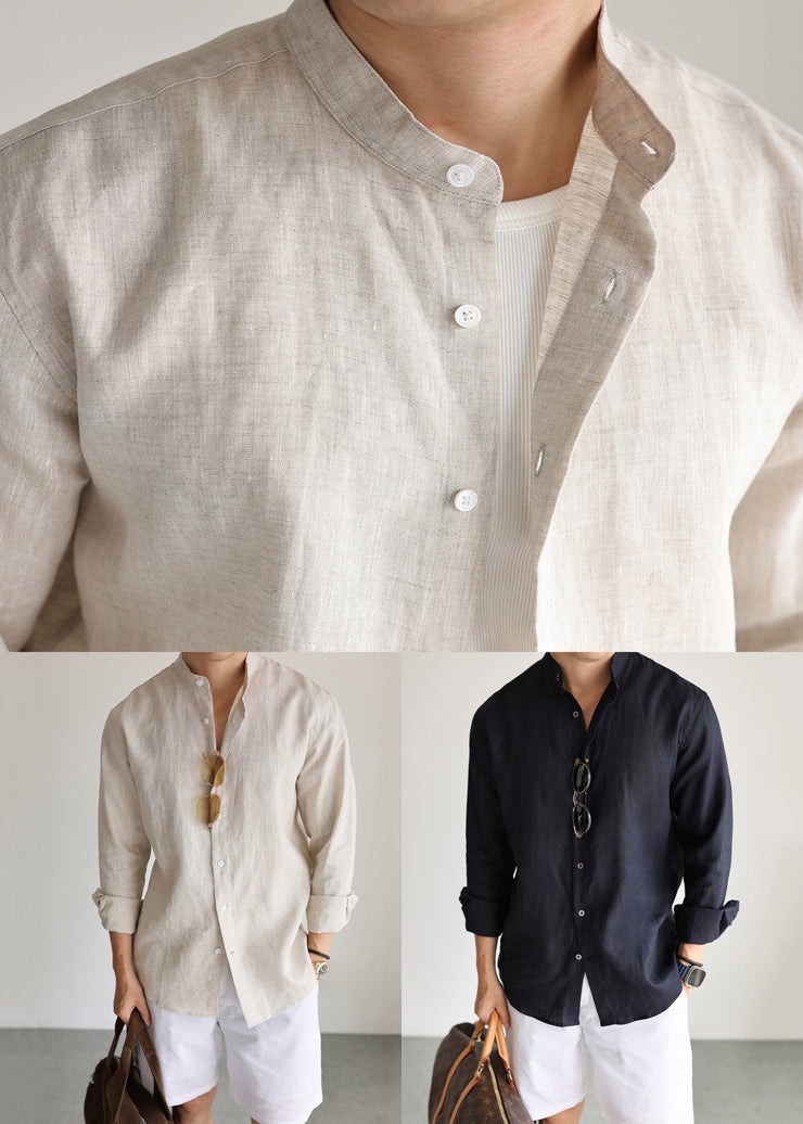 Casual Navy Stand Collar Solid Linen Men&