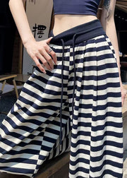 Casual Navy Striped Elastic Waist Cotton Wide Leg Pants Fall