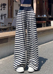 Casual Navy Striped Elastic Waist Cotton Wide Leg Pants Fall