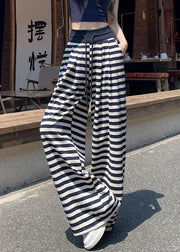 Casual Navy Striped Elastic Waist Cotton Wide Leg Pants Fall