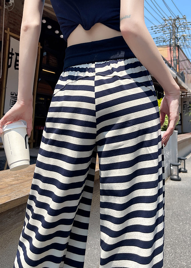 Casual Navy Striped Elastic Waist Cotton Wide Leg Pants Fall