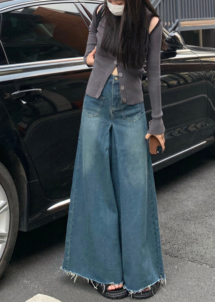 Casual Navy Tasseled Denim Wide Leg Pants Skirts Fall
