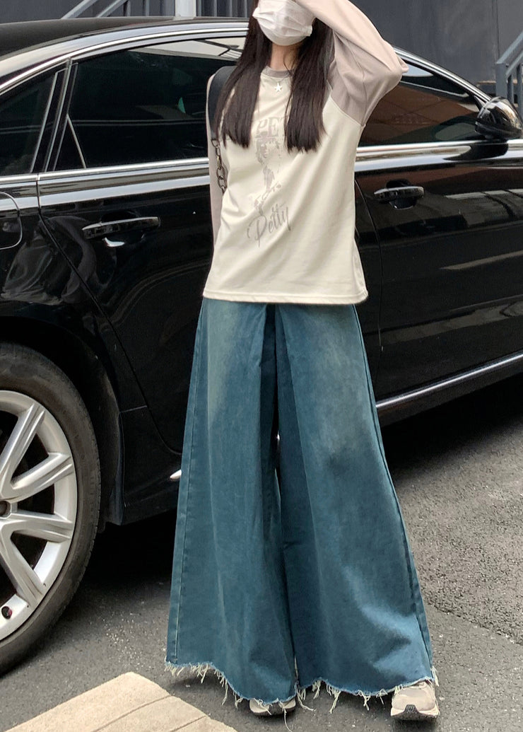 Casual Navy Tasseled Denim Wide Leg Pants Skirts Fall