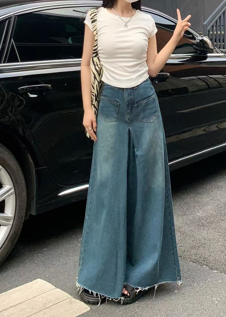 Casual Navy Tasseled Denim Wide Leg Pants Skirts Fall