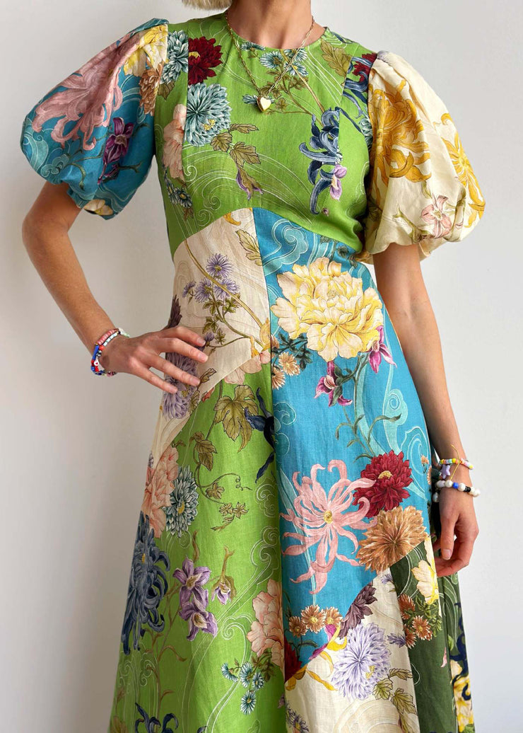Casual O Neck Print Cotton Long Dress Lantern Sleeve