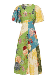 Casual O Neck Print Cotton Long Dress Lantern Sleeve