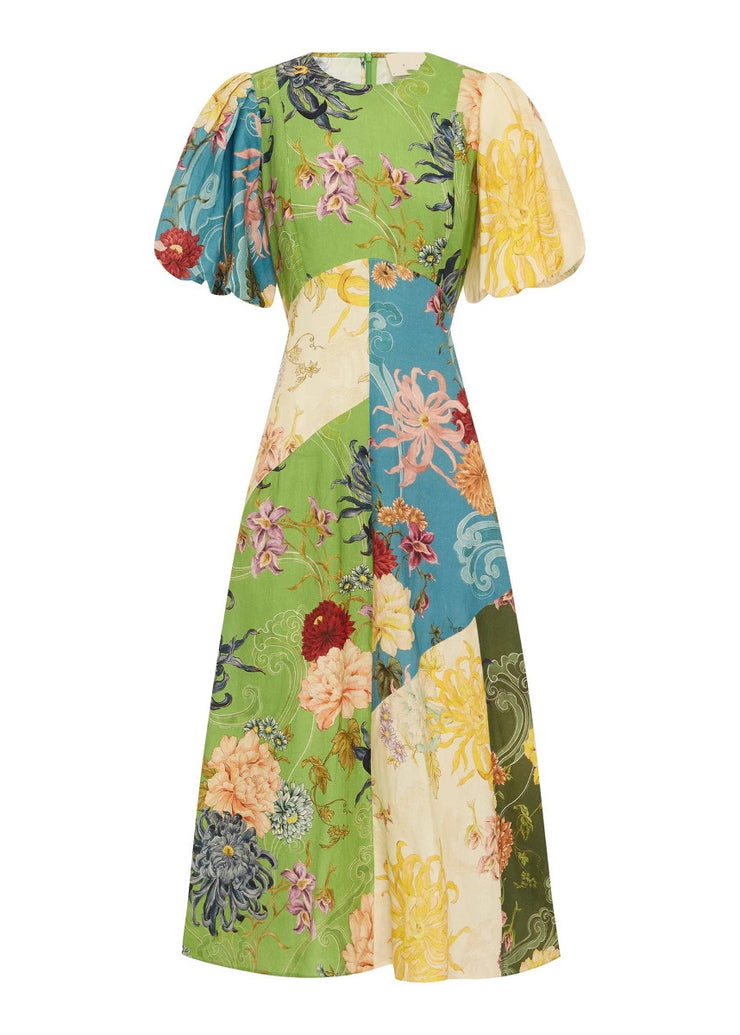 Casual O Neck Print Cotton Long Dress Lantern Sleeve
